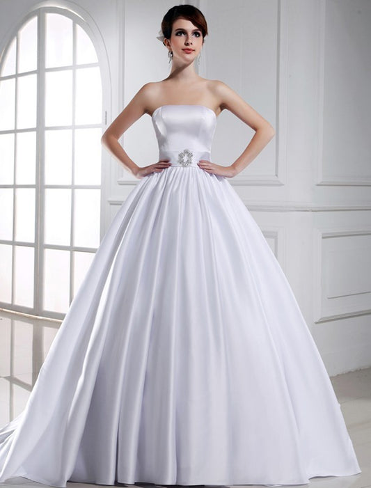 Ball Sleeveless Beading Gown Long Strapless Satin Wedding Dresses