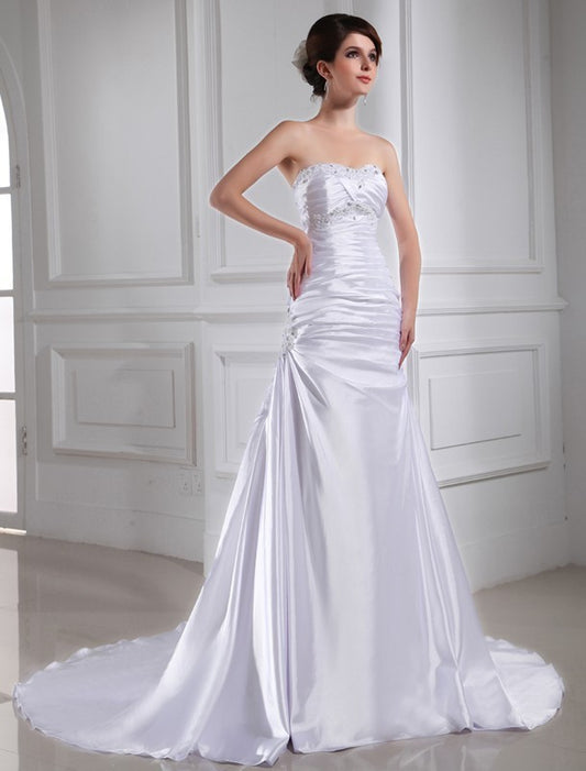 A-Line/Princess Woven Sleeveless Applique Elastic Beading Satin Wedding Dresses