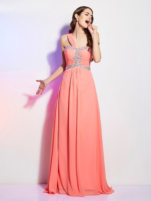 A-Line/Princess One-Shoulder Beading Sleeveless Long Chiffon Dresses