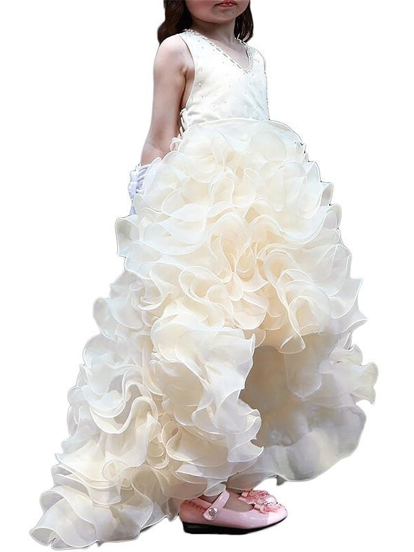 Ruffles Sleeveless Organza Asymmetrical V-neck A-line/Princess Flower Girl Dresses