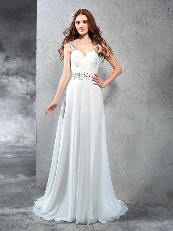 Sleeveless A-Line/Princess Long Sweetheart Pleats Chiffon Wedding Dresses