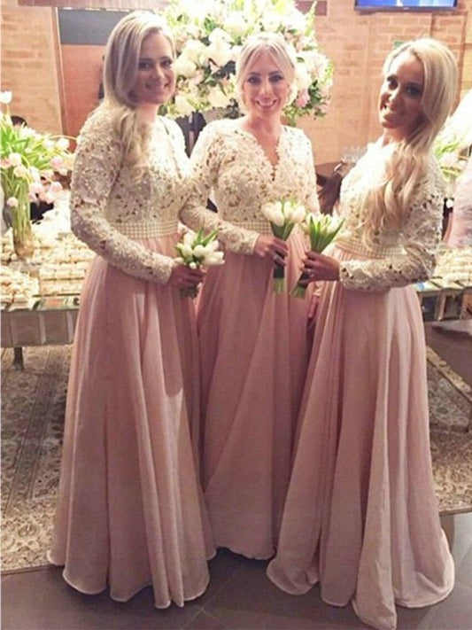 Lace Sleeves Long A-Line/Princess Floor-Length V-neck Chiffon Bridesmaid Dresses