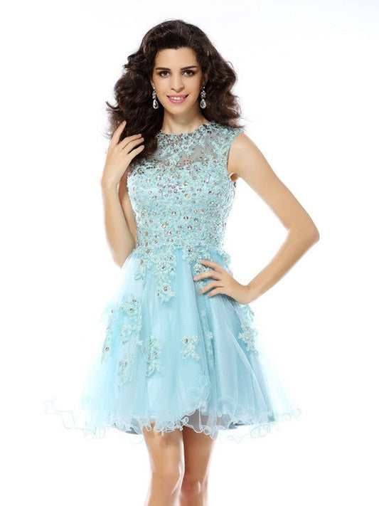 Homecoming Dresses Alexa A-Line/Princess Scoop Beading Applique Sleeveless Short Satin Cocktail Dresses