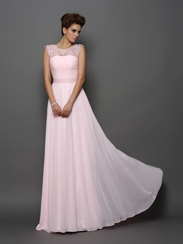 A-Line/Princess Beading Scoop Sleeveless Long Chiffon Dresses