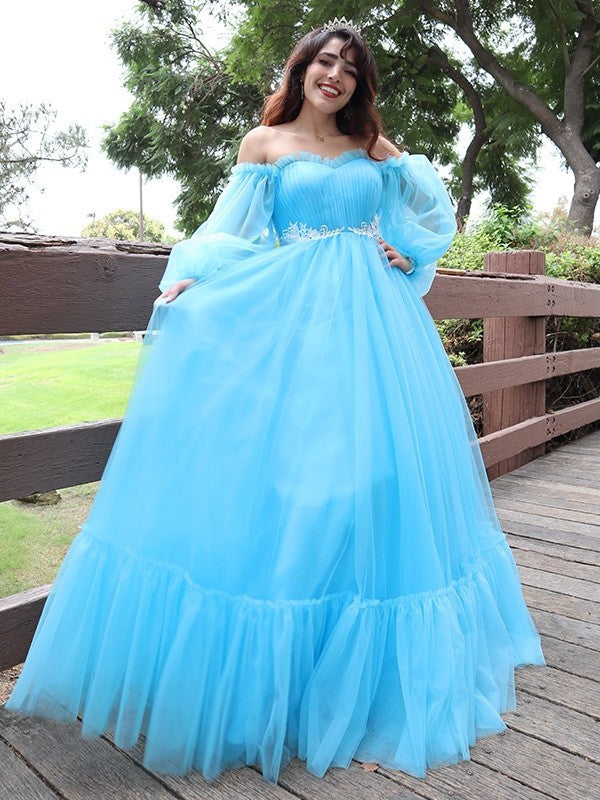 Applique Long Tulle A-Line/Princess Off-the-Shoulder Sleeves Floor-Length Dresses