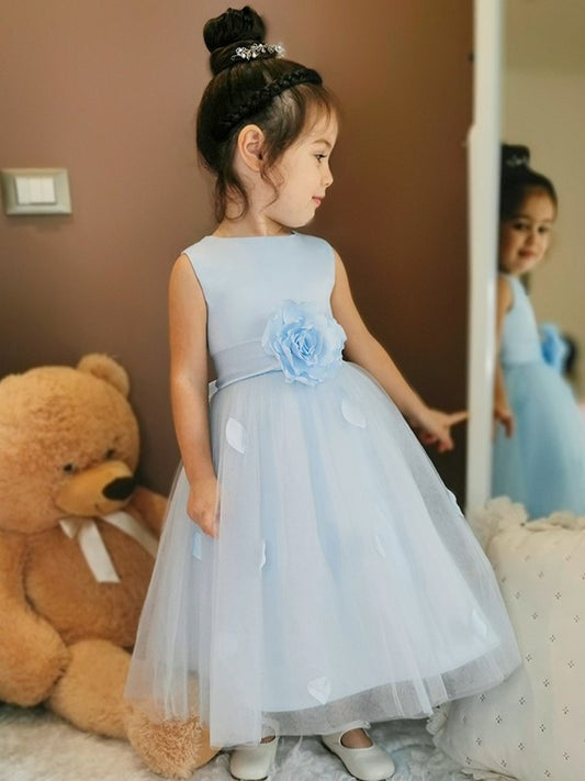 Flower Sleeveless Ankle-Length Tulle Hand-Made Scoop A-Line/Princess Flower Girl Dresses