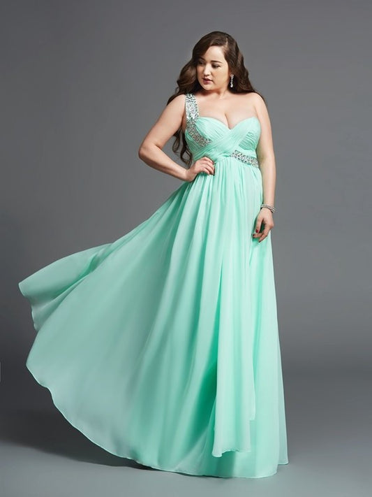 One-Shoulder Rhinestone Long Chiffon Sleeveless A-Line/Princess Plus Size Dresses