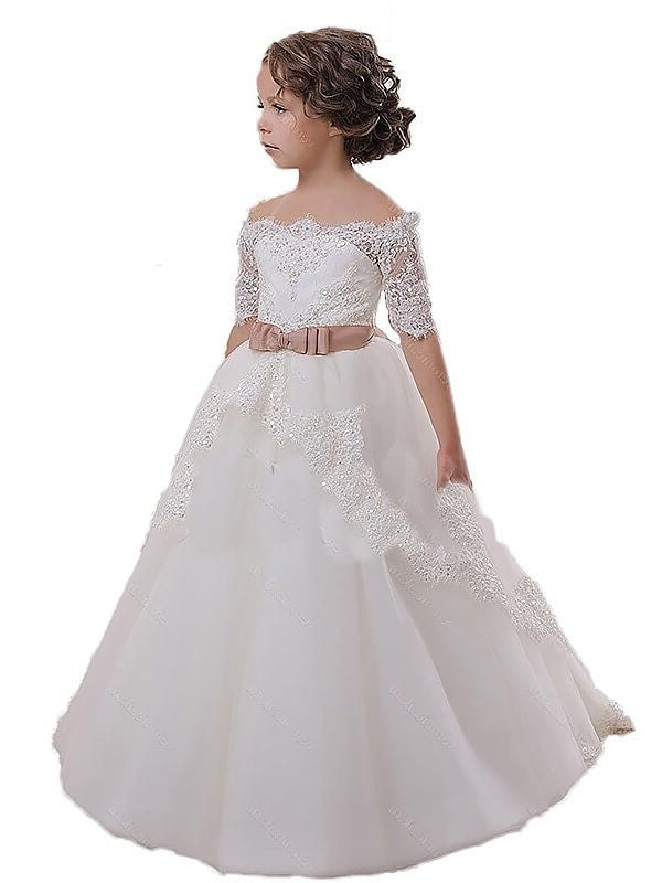 Short Sash/Ribbon/Belt Off-the-Shoulder Ball Sleeves Gown Tulle Flower Girl Dresses