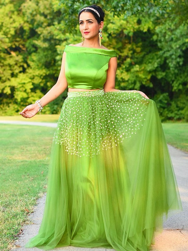 Tulle A-Line/Princess Floor-Length Off-the-Shoulder Sleeveless Beading Two Piece Dresses