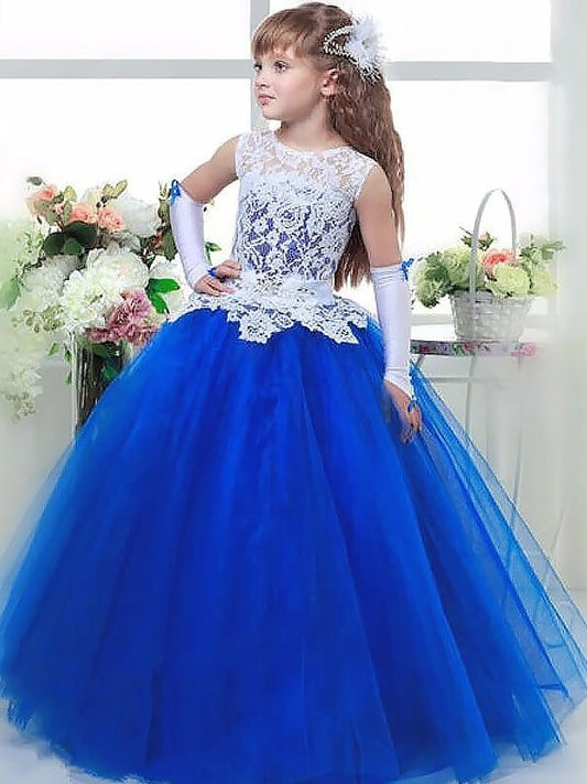 Sleeveless Tulle Gown Jewel Lace Ball Floor-Length Flower Girl Dresses