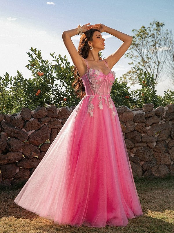 Tulle A-Line/Princess Applique Straps Sleeveless Floor-Length Dresses