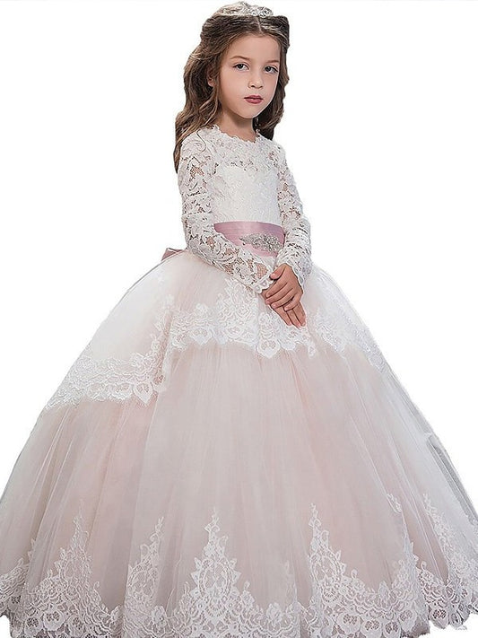 Jewel Long Ball Tulle Gown Sleeves Floor-Length Lace Flower Girl Dresses