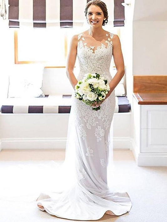 Sleeveless Court Lace Sheath/Column Scoop Applique Train Wedding Dresses