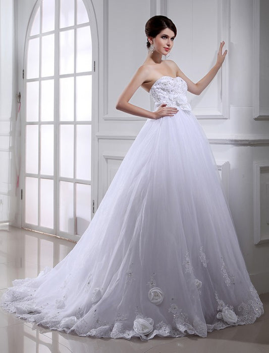 Gown Strapless Flower Beading Hand-made Long Ball Sleeveless Organza Wedding Dresses