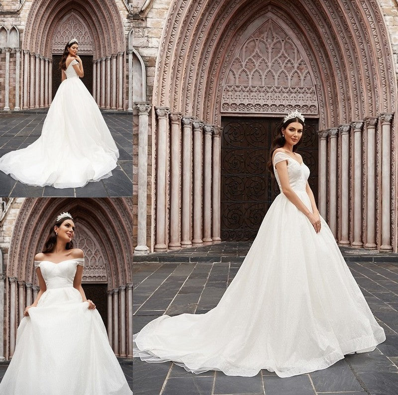 Sleeveless Ball Ruched Court Gown Tulle Off-the-Shoulder Train Wedding Dresses