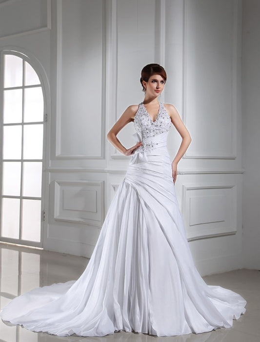 A-Line/Princess Beading Sleeveless Halter Long Taffeta Wedding Dresses