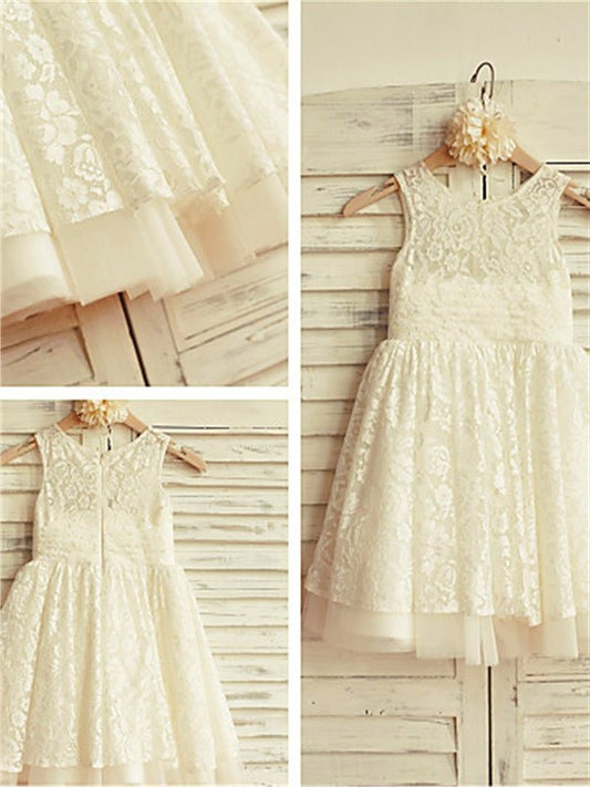 Scoop Sleeveless Ruffles A-line/Princess Tea-Length Lace Flower Girl Dresses