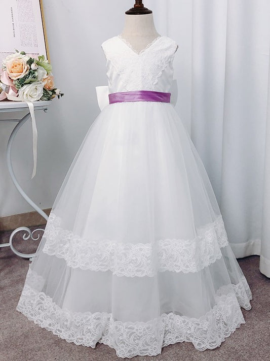 A-Line/Princess Tulle Lace Floor-Length V-neck Sleeveless Flower Girl Dresses