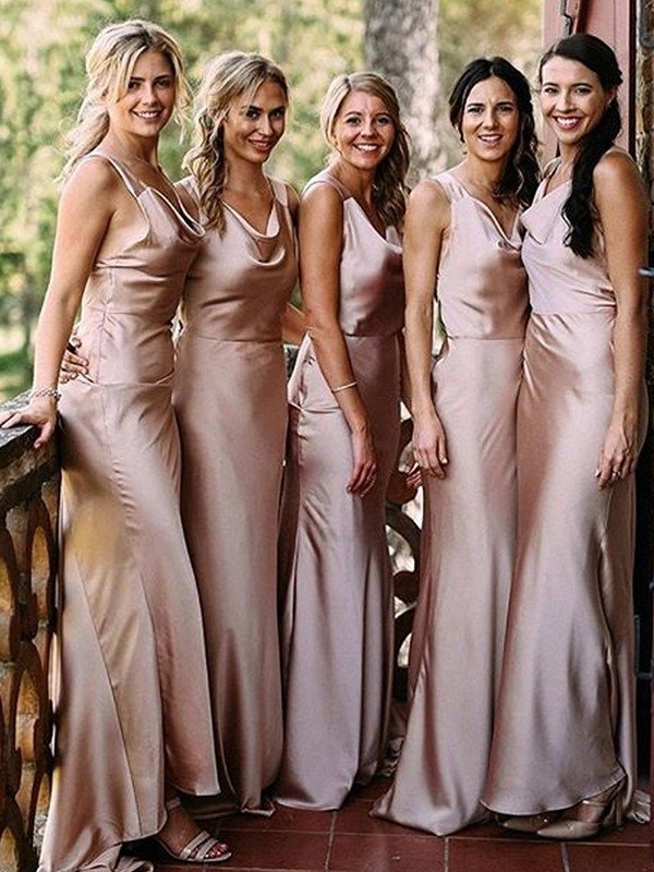 Train Silk Sheath/Column Sweep/Brush Sleeveless like V-neck Satin Bridesmaid Dresses