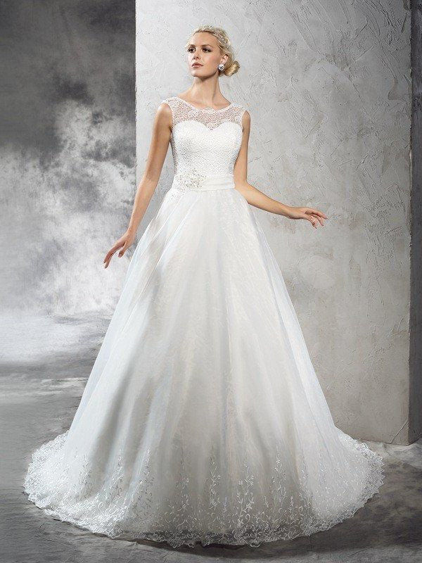 Ball Long Gown Sleeveless Sheer Neck Sash/Ribbon/Belt Net Wedding Dresses