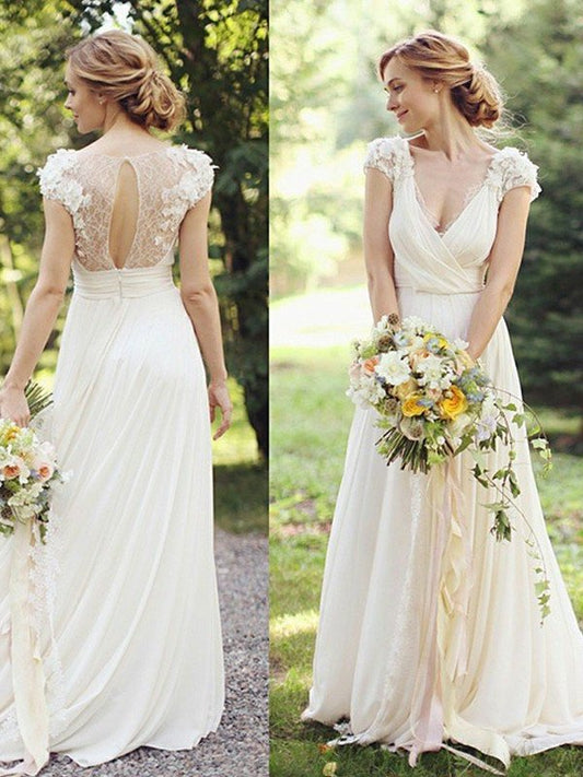 Sweep/Brush Sleeves Short A-Line/Princess V-neck Ruched Chiffon Train Wedding Dresses