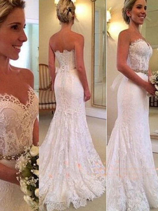 Applique Train Trumpet/Mermaid Sleeveless Sweetheart Sweep/Brush Lace Wedding Dresses