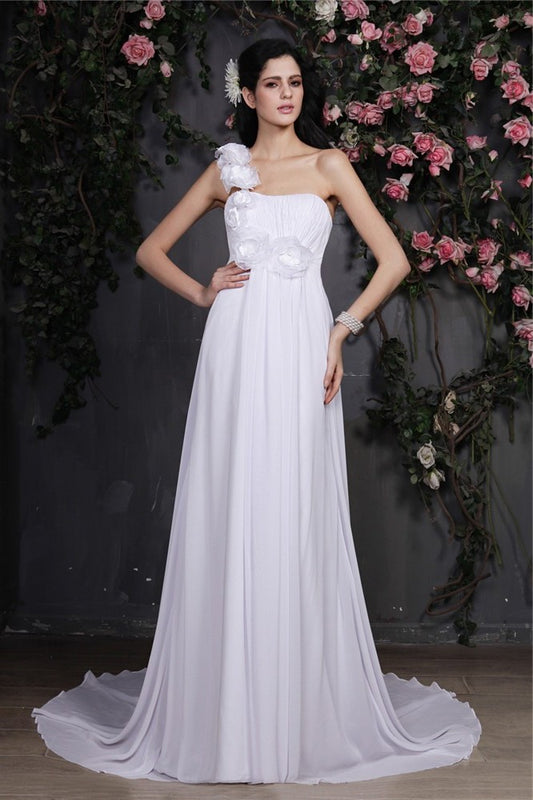 One-Shoulder Flower Ruffles Hand-Made A-Line/Princess Long Sleeveless Chiffon Wedding Dresses