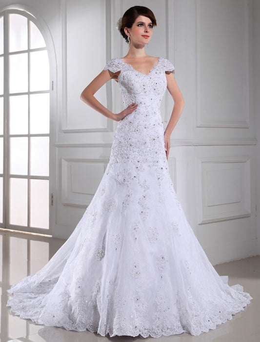 V-neck A-Line/Princess Long Beading Sleeveless Organza Wedding Dresses