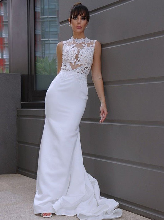 Scoop Trumpet/Mermaid Satin Court Applique Sleeveless Train Wedding Dresses