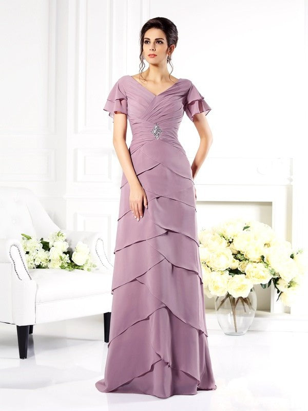 Sleeves Short V-neck Long Chiffon Sheath/Column Mother of the Bride Dresses