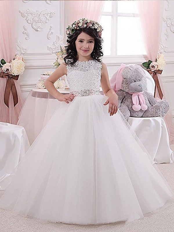 Tulle Sash/Ribbon/Belt Sleeveless Ball Gown Scoop Floor-Length Flower Girl Dresses