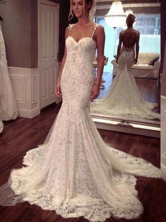 Court Straps Spaghetti Sleeveless Trumpet/Mermaid Train Lace Wedding Dresses