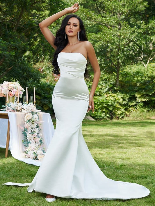 Trumpet/Mermaid Satin Strapless Ruched Sleeveless Sweep/Brush Train Wedding Dresses