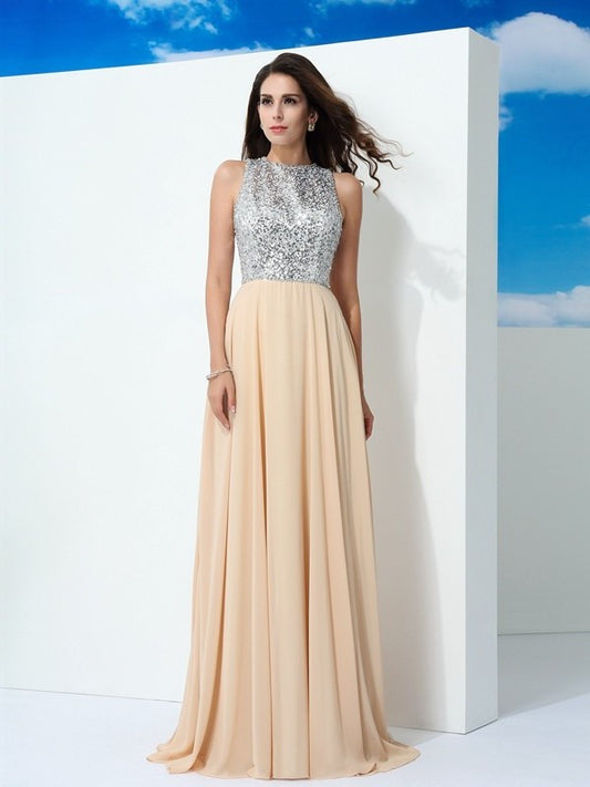 Scoop A-Line/Princess Paillette Sleeveless Long Chiffon Dresses