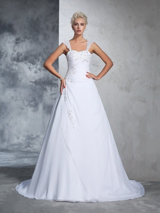 Sleeveless Long Straps Applique Gown Ball Chiffon Wedding Dresses