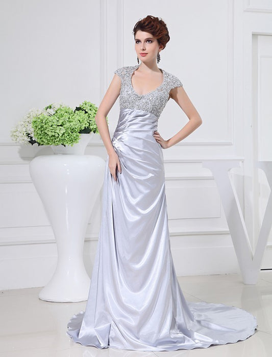 Elastic Beading Long Lace A-Line/Princess Scoop Woven Satin Dresses