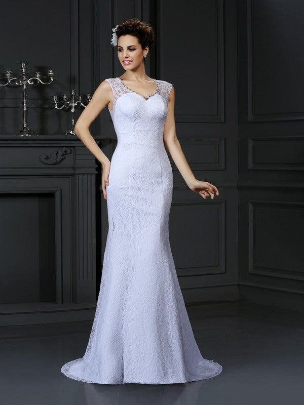 Lace V-neck Sleeveless Sheath/Column Long Satin Wedding Dresses