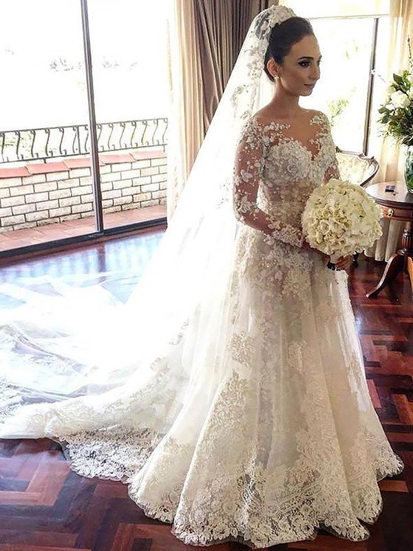 Chapel A-Line/Princess Bateau Long Lace Sleeves Train Tulle Wedding Dresses