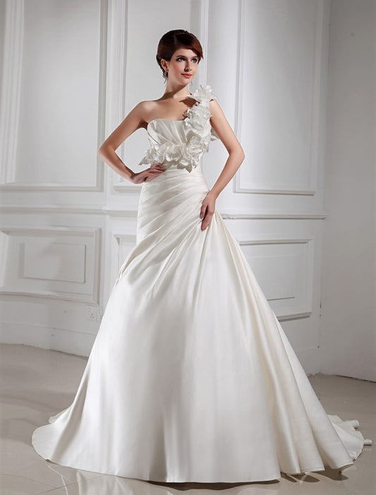 A-Line/Princess Sleeveless Flower Hand-made One-shoulder Satin Wedding Dresses