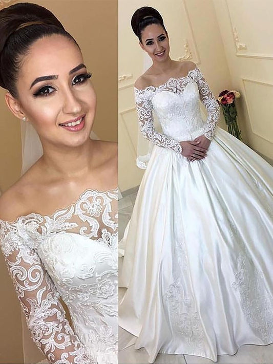 Sleeves Gown Off-the-Shoulder Satin Ball Long Court Train Wedding Dresses