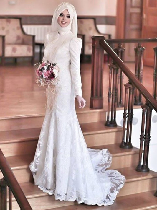 Lace Sweep/Brush Long Train High Trumpet/Mermaid Sleeves Neck Tulle Wedding Dresses