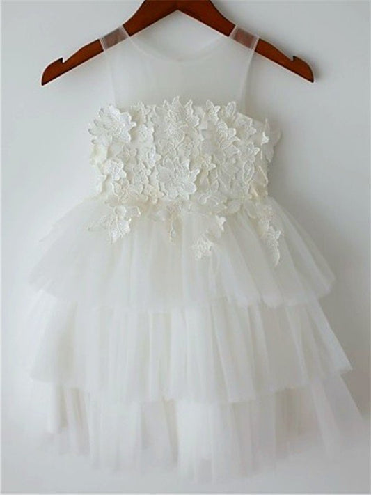 Tea-Length A-line/Princess Lace Sleeveless Straps Tulle Flower Girl Dresses