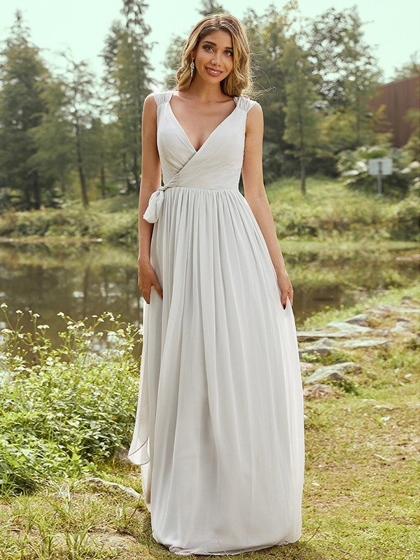 V-neck A-Line/Princess Sleeveless Chiffon Ruffles Floor-Length Bridesmaid Dresses