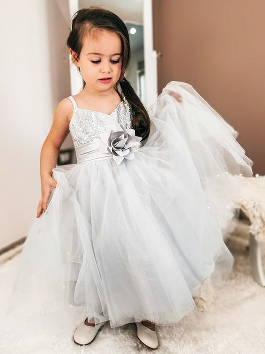 Tea-Length Sequin Straps Tulle A-Line/Princess Sleeveless Spaghetti Flower Girl Dresses