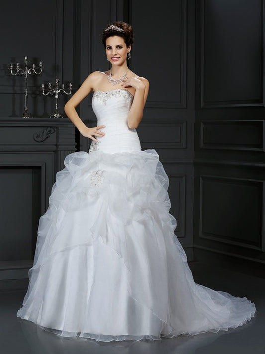 Strapless Ball Long Sleeveless Beading Gown Organza Wedding Dresses