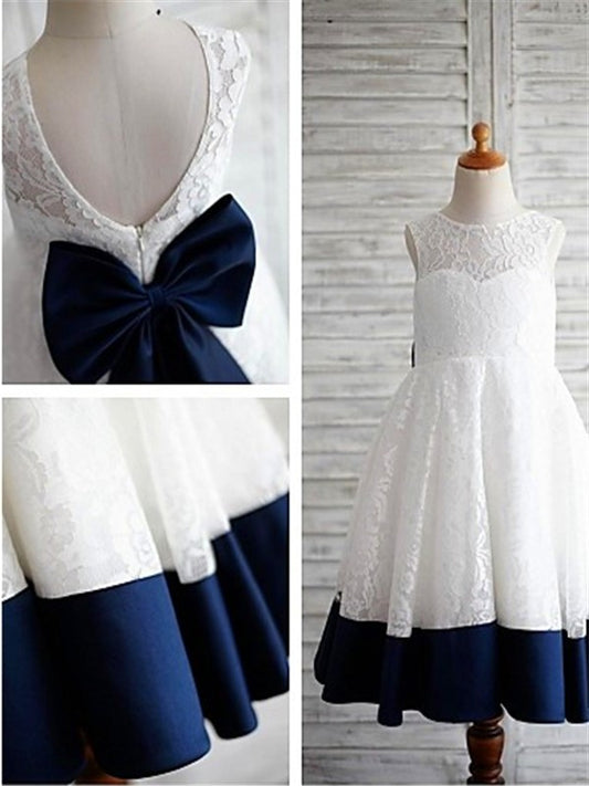 Lace Scoop Sleeveless Bowknot Tea-Length A-line/Princess Flower Girl Dresses