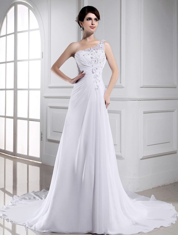 One-shoulder A-Line/Princess Long Beading Sleeveless Chiffon Wedding Dresses