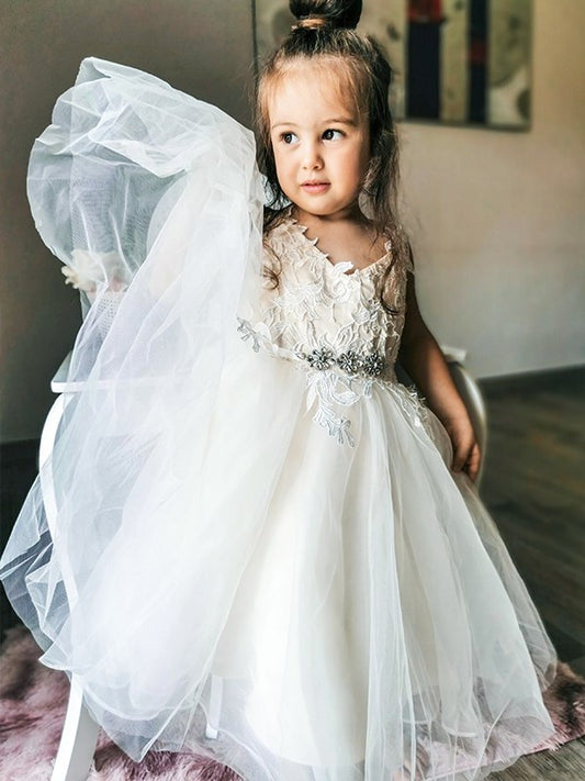 Sleeveless V-neck A-Line/Princess Tulle Ankle-Length Lace Flower Girl Dresses