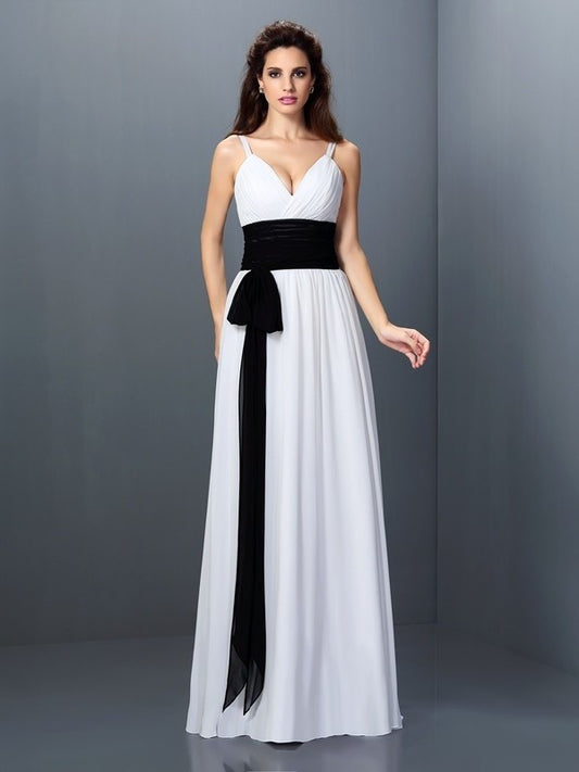 V-neck Sleeveless Long A-Line/Princess Sash/Ribbon/Belt Chiffon Bridesmaid Dresses