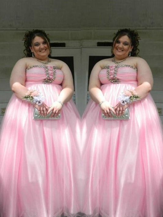 A-Line/Princess Beading Sleeveless Satin Floor-Length Strapless Plus Size Dresses